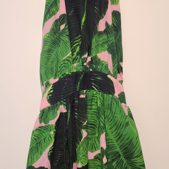 Palm Tree Leaves Pink Green Double Slit Halter Dress - Picture 5 of 6